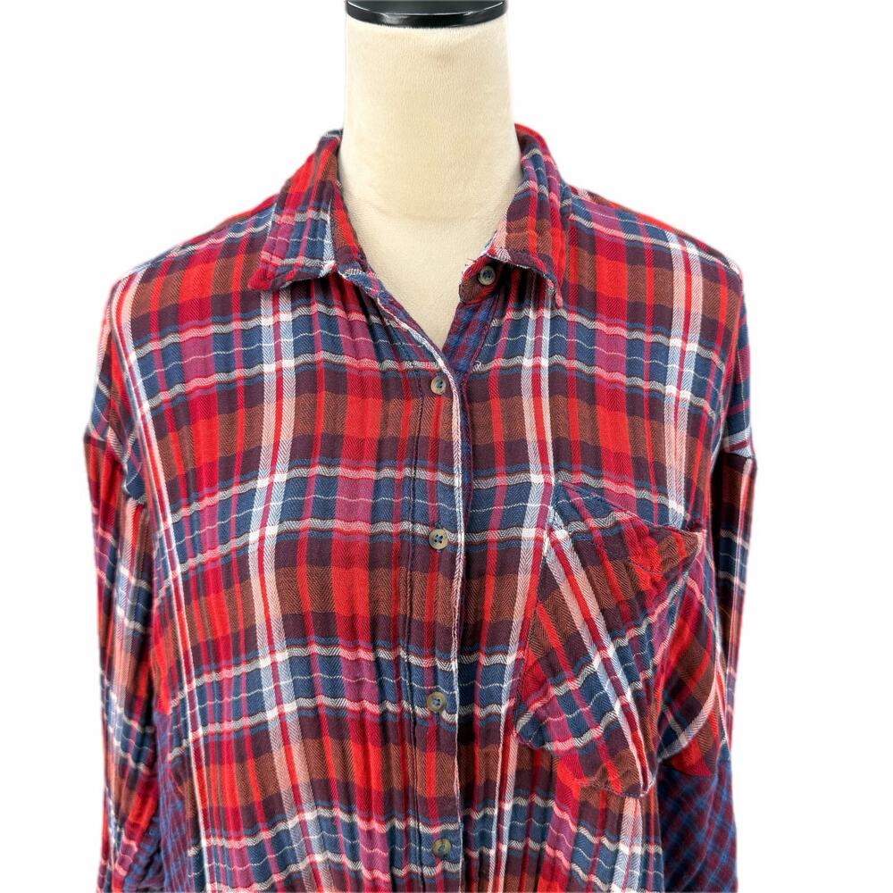 Free People One of the Guys Flannel Plaid Cotton Red White Blue Long Sleeve Top - Picture 6 of 13